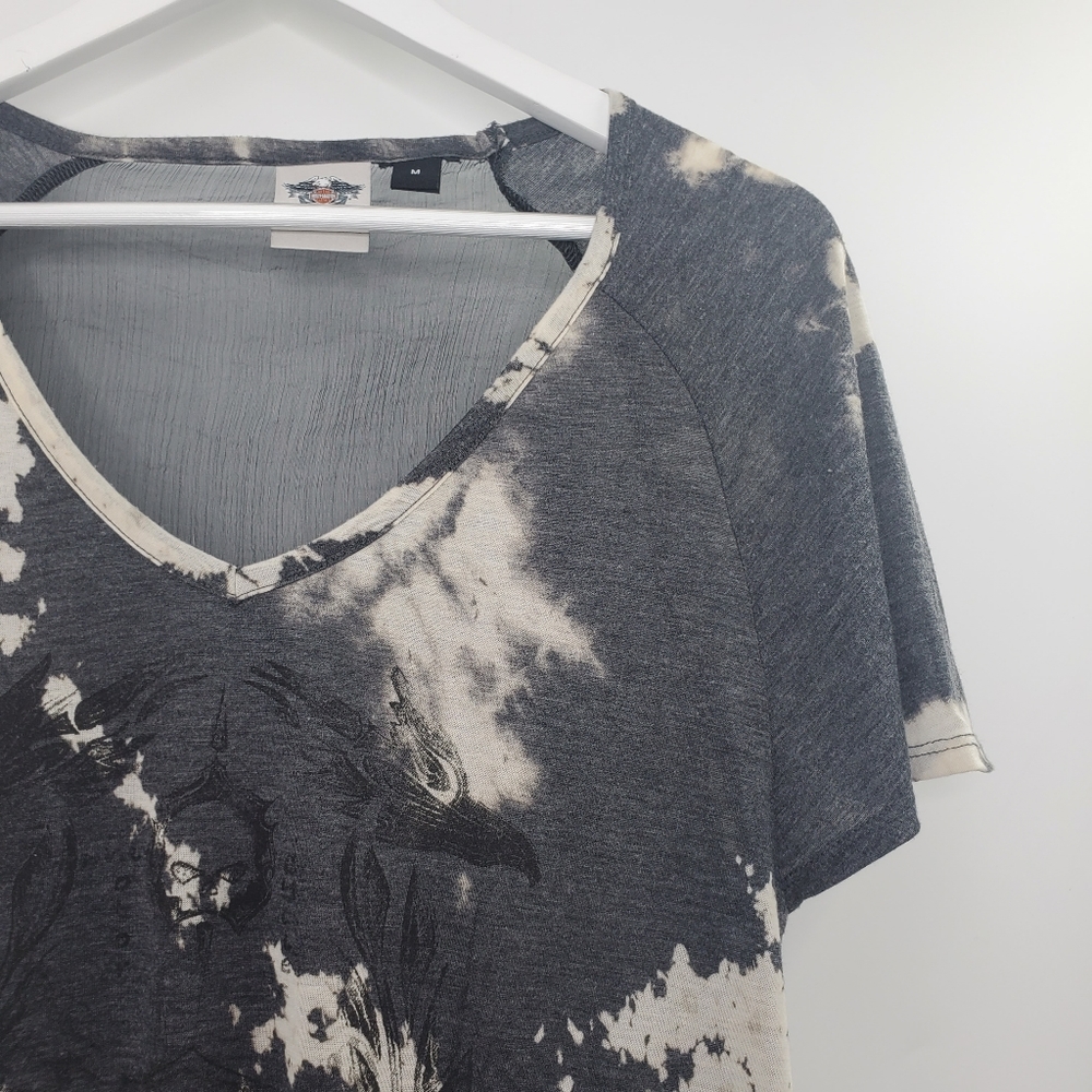 Harley-Davidson Sheer Chiffon Back Raglan Sleeve Top Graphic Tee V Black Tie Dye - Picture 3 of 6